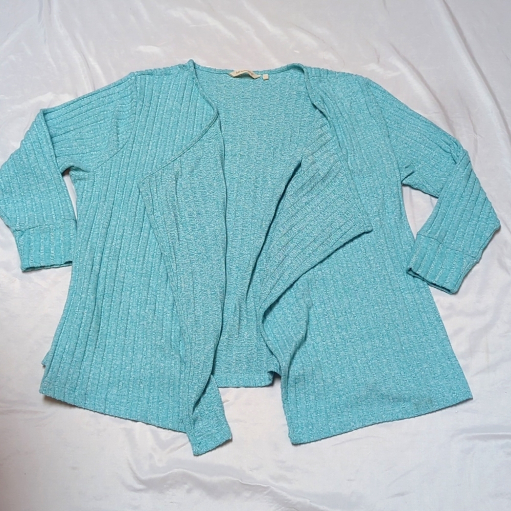 Soft Surroundings Heathered Blue Open Waterfall Front Medium Weight Cardigan